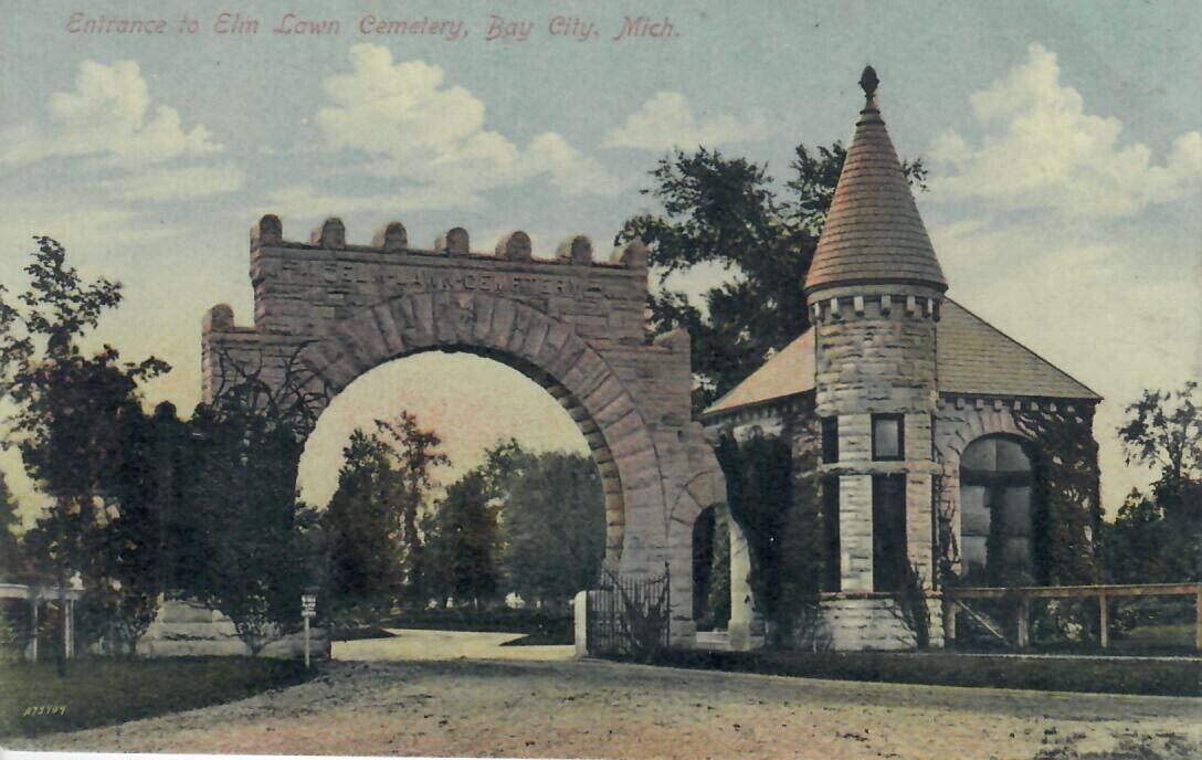 Elm Lawn Cemetery Entrance Arch & Admin. Bldg. Bay City MI Michigan