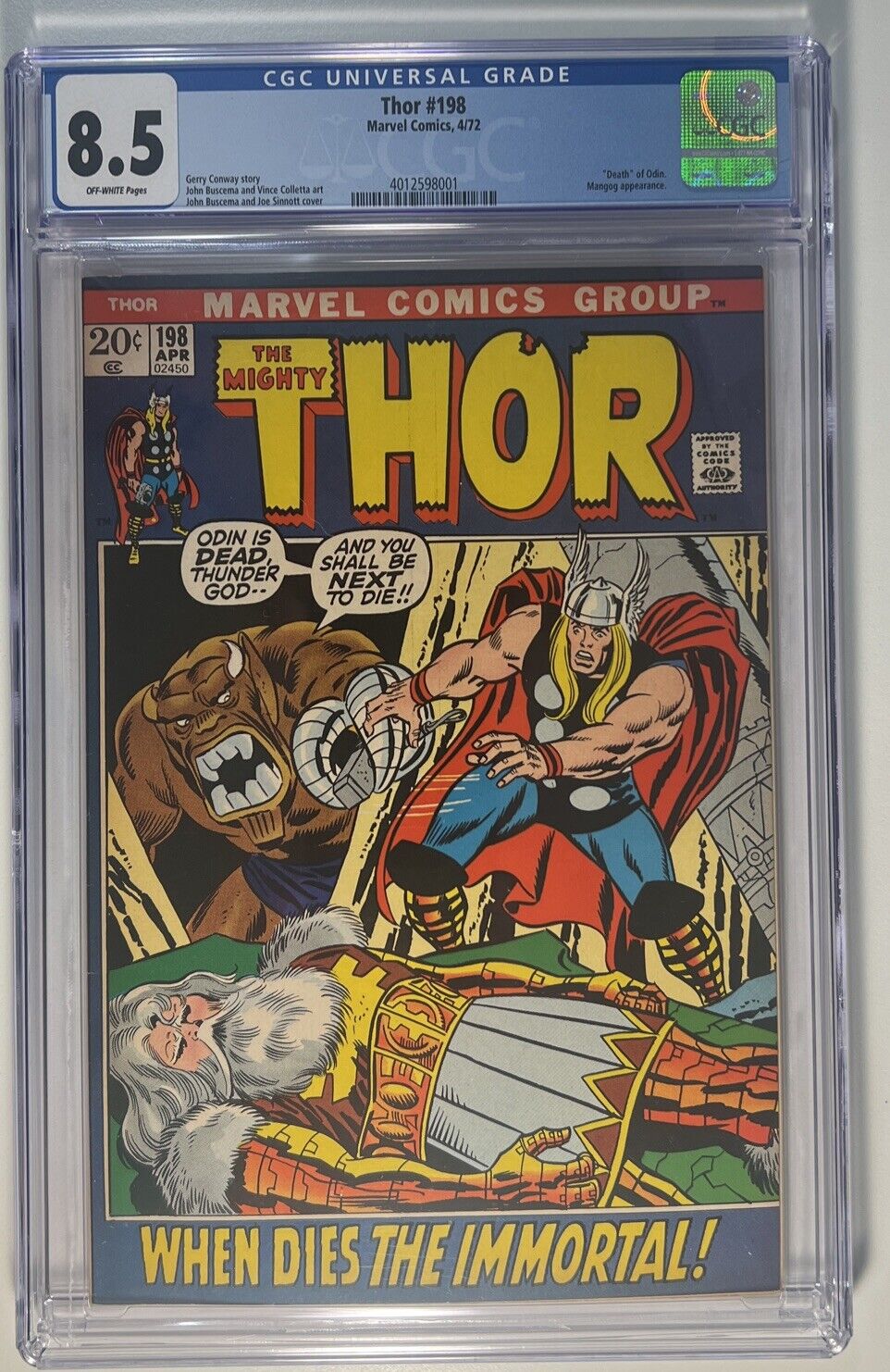 Thor 198 CGC 8.5 White Pages Death of Odin- 1972