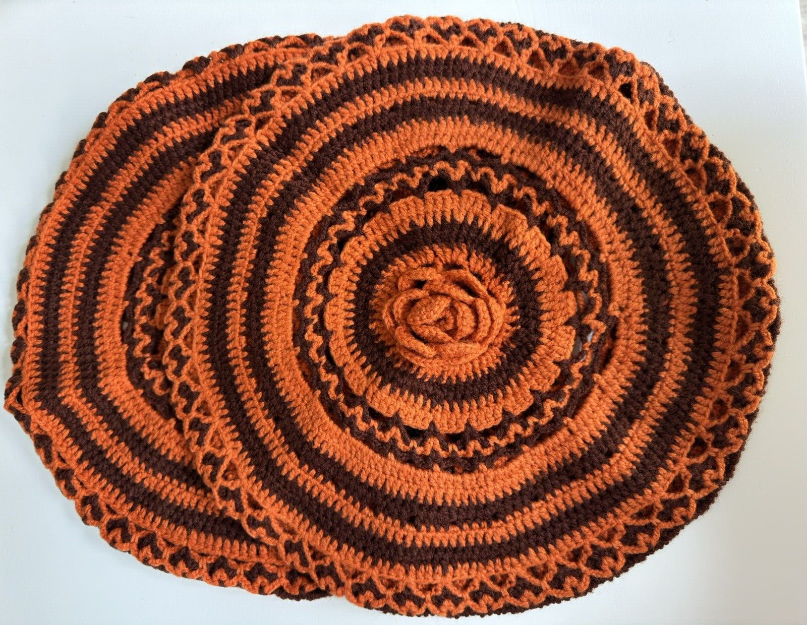 Lot of 2 Vintage Circle Pillow Cover Crocheted Yarn Orange Brown - 14\