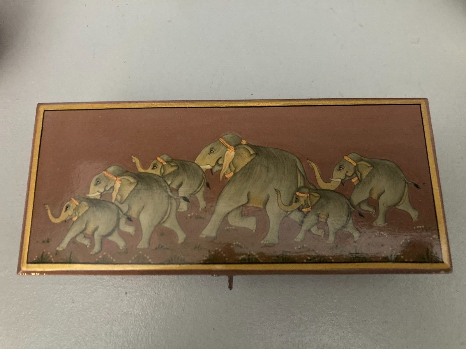 Vintage Wooden Trinket Box Jewelry Hinged & Latched With Running Elephants