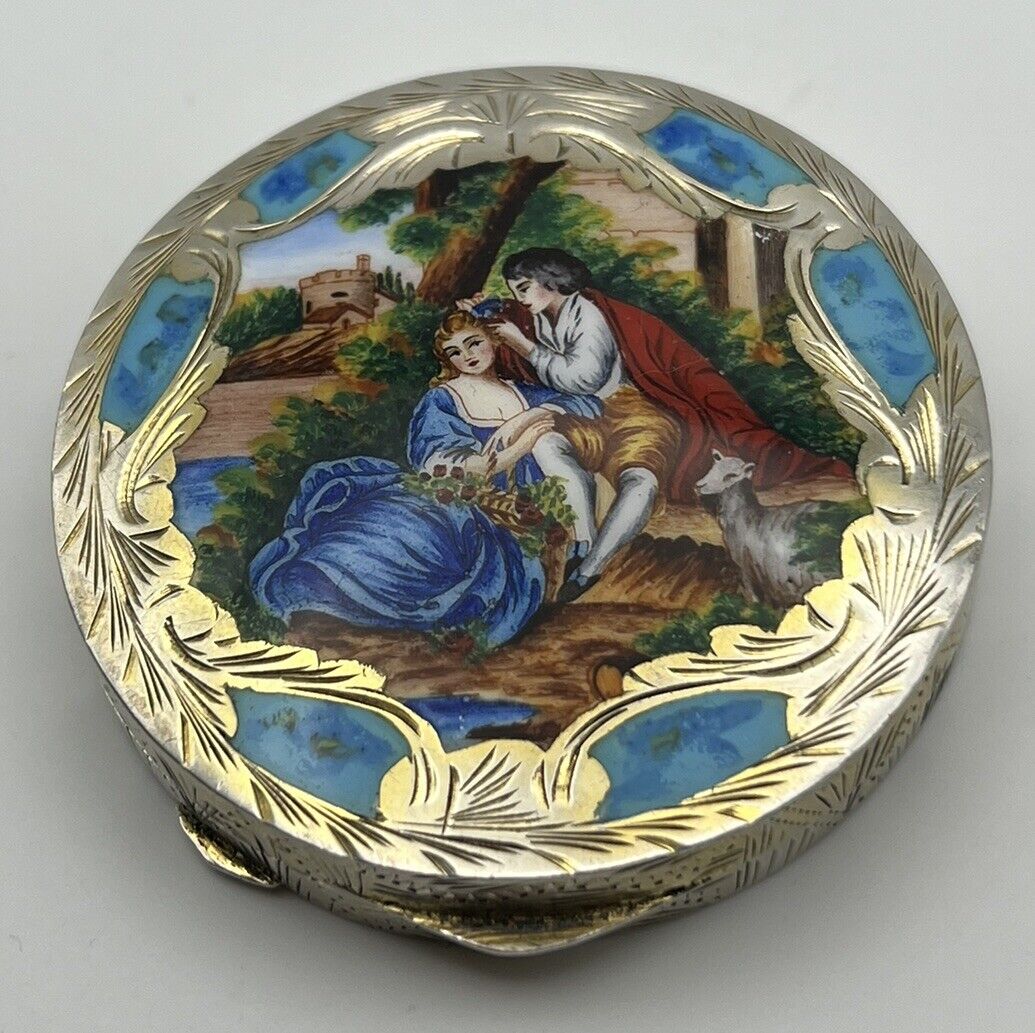 Antique Sterling Silver 925 XIX Enamel Make-Up Cosmetic Compact w/Mirror 2.75”