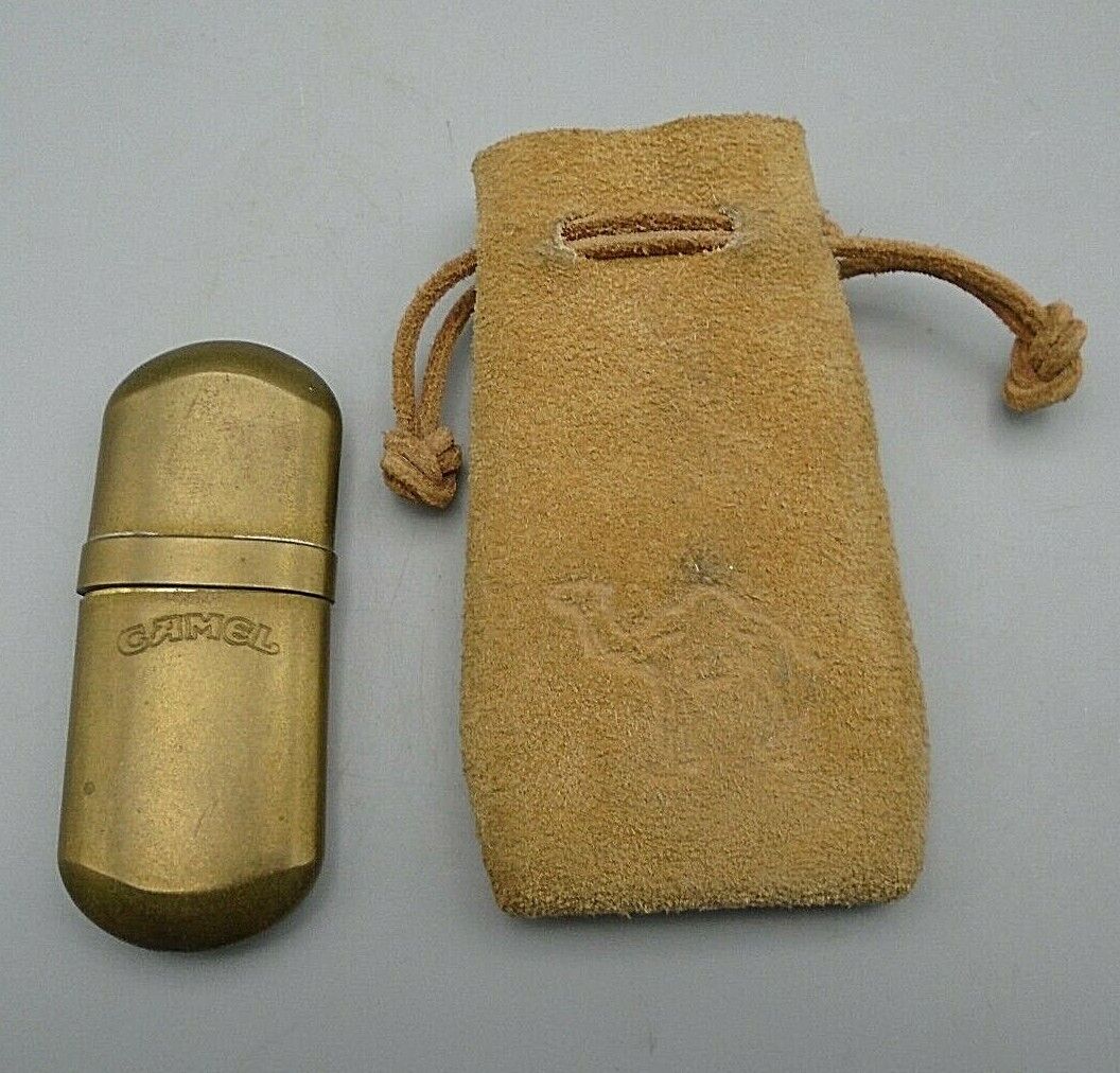 Vintage RJR RJ Reynolds Tobacco Brass #5 Camel Lighter in Suede Drawstring Bag
