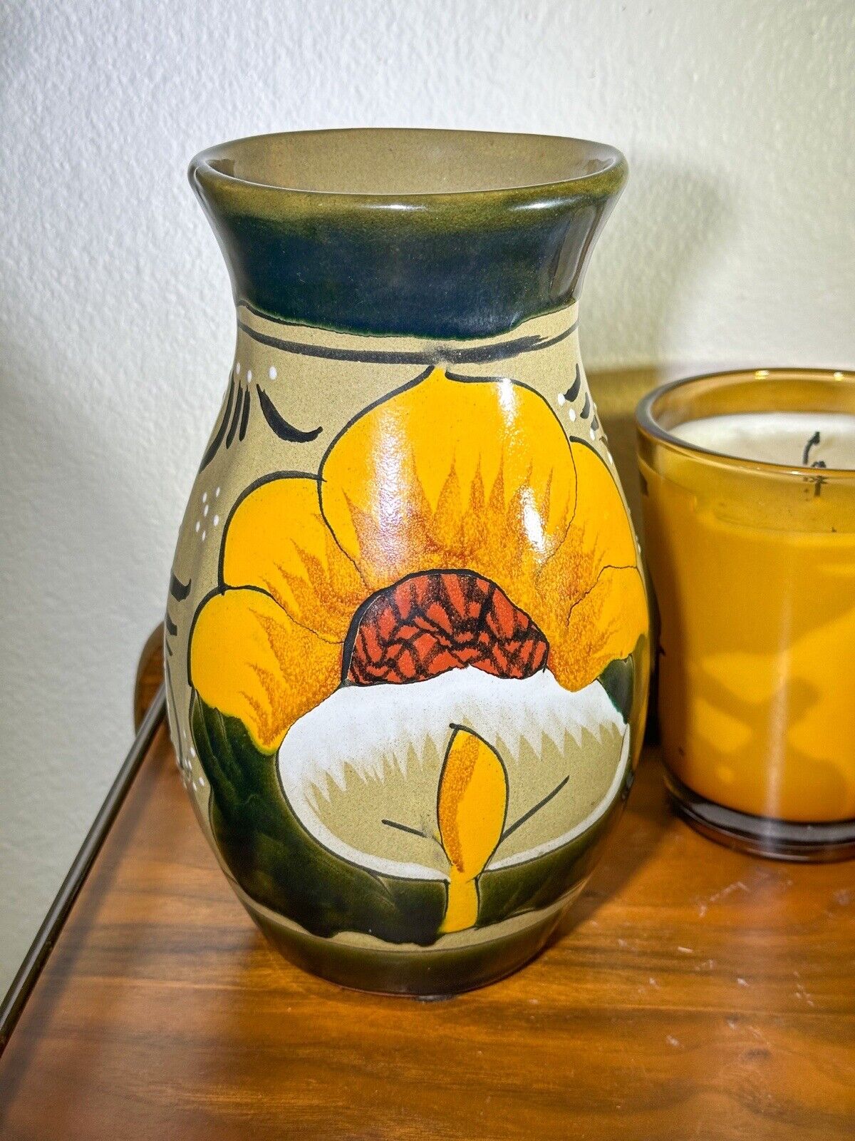 Vintage Mexican Folk Art Hand Painted Pottery Floral Calla Lily Sunflower Vase
