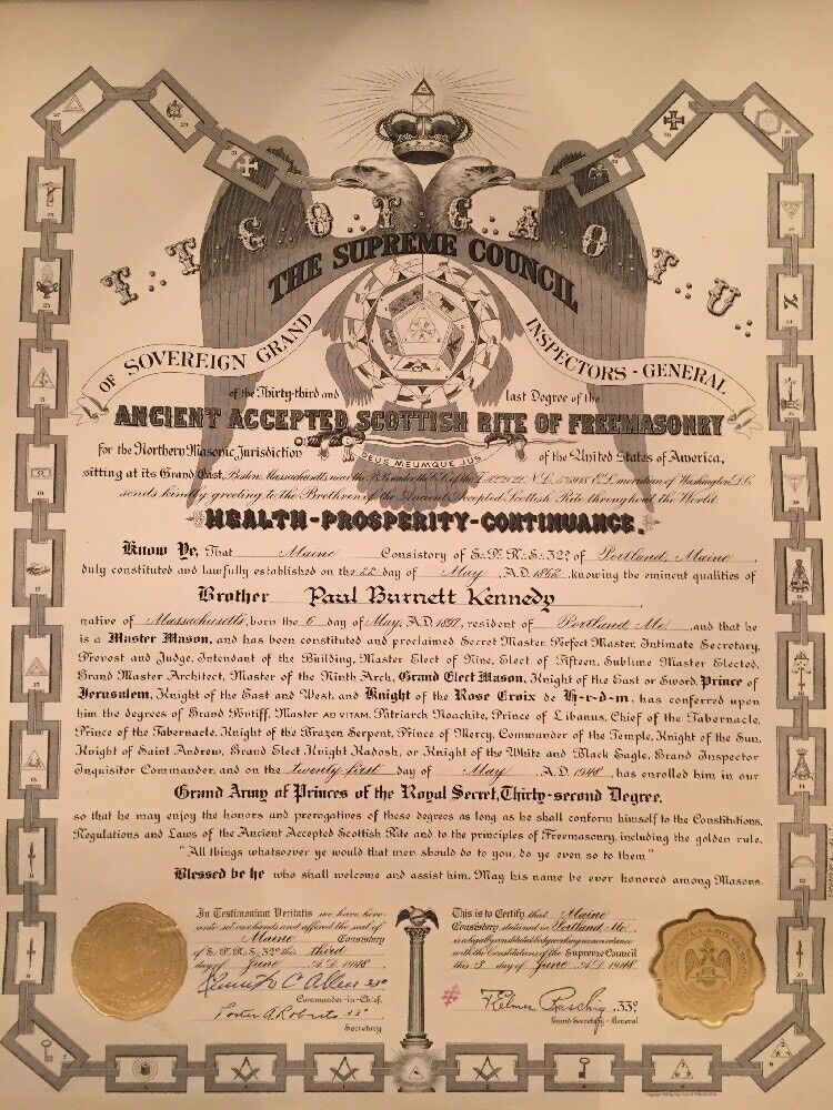 FREEMASON CERTIFICATE ANCIENT ACCEPTED SCOTTISH RITE OF FREEMASONRY ~ 1948