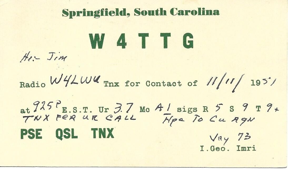 QSL 1951 Springfield  South Carolina      radio card