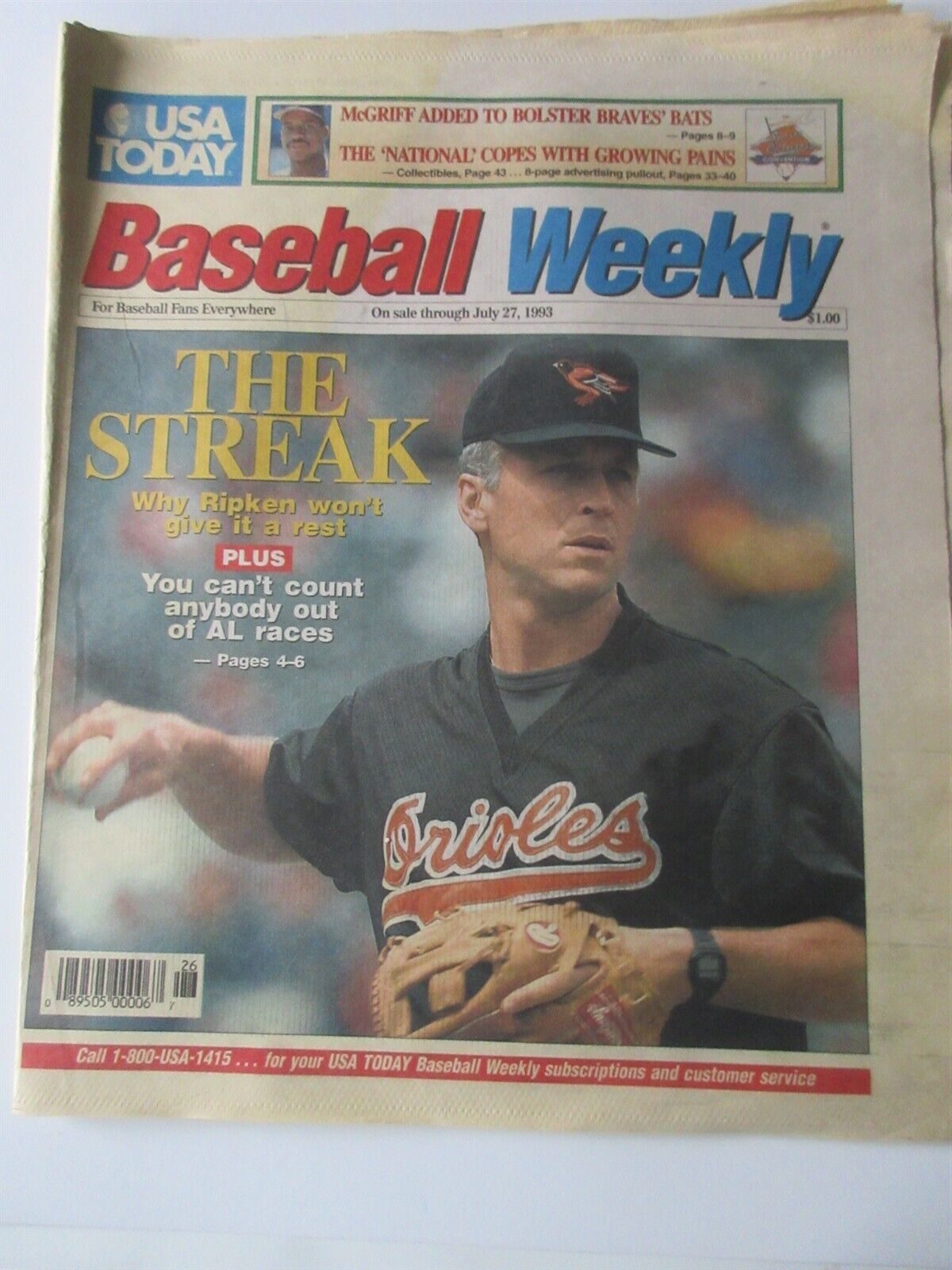 CAL RIPKEN THE STREAK USA TODAY BASEBALL WEEKLY NEWSPAPER JULY 1993 ORIOLES