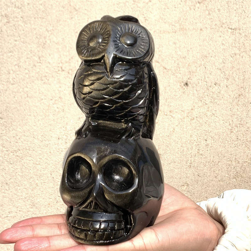 1100g Natural carved Gold obsidian owl Skull Reiki crystal skull decor crystal g