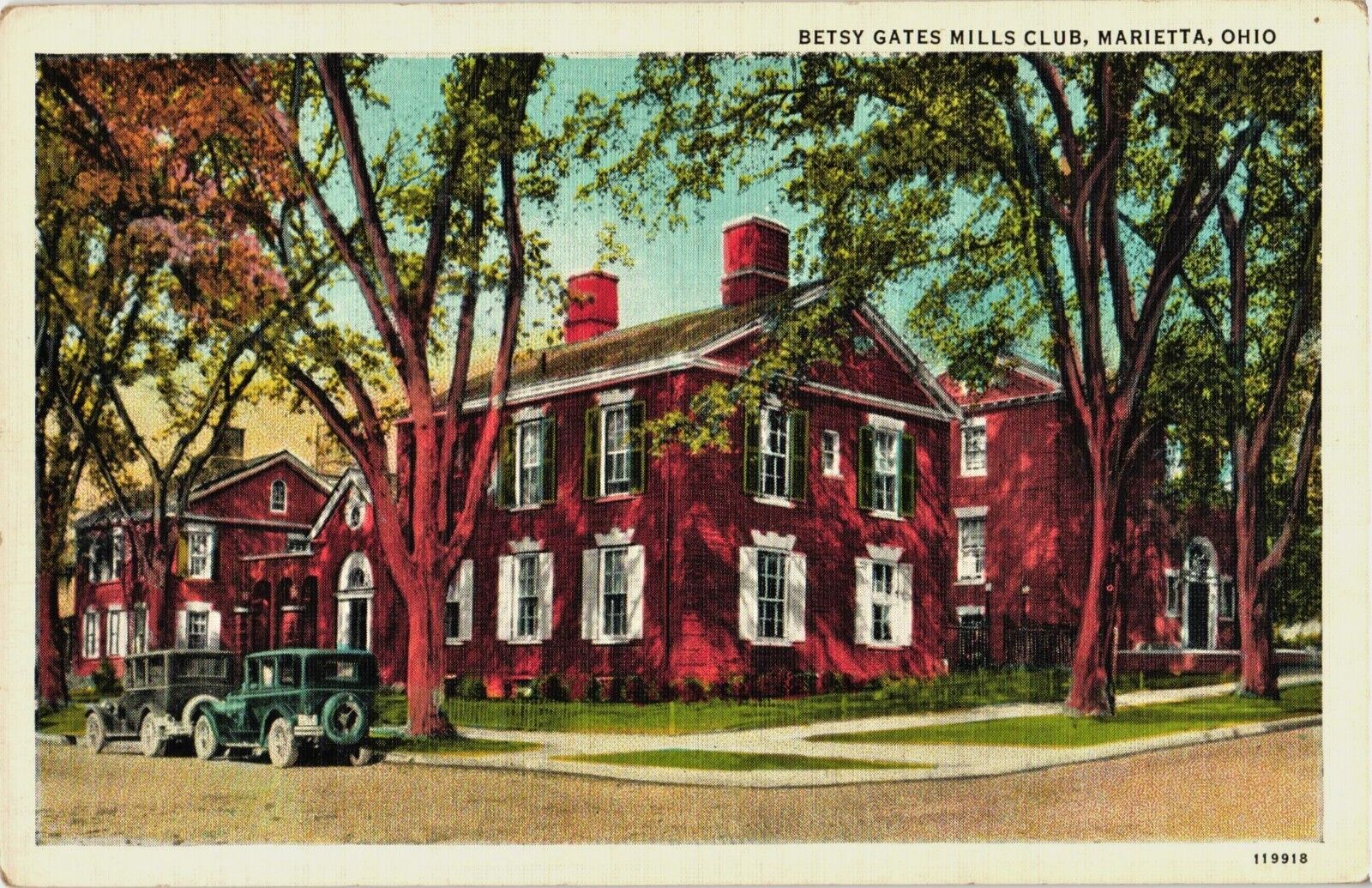 Marietta Ohio Betsy Gates Mills Club Postcard 1920s Old Cars