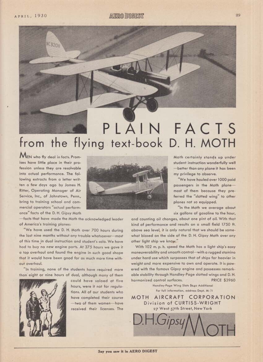Plain Facts from the flying text-book D H Gipsy Moth Curtiss Wright ad 1930
