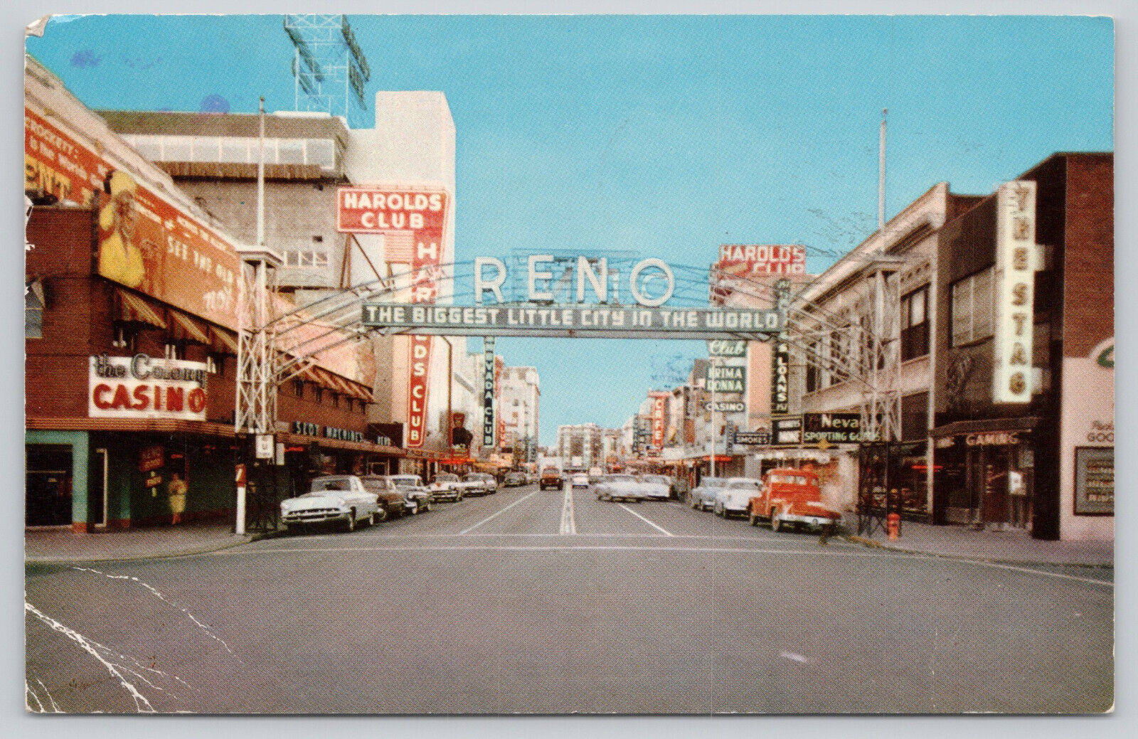 Postcard Reno Nevada Arch Virginia Street Old Cars (843)
