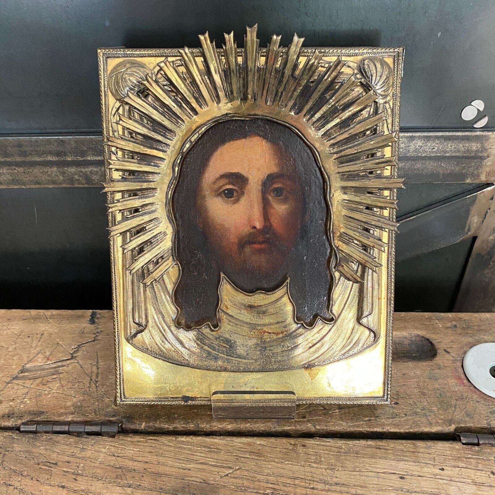 Old Russian Hand Painted Icon Christ with Oklad in Brass 19th Century 1824