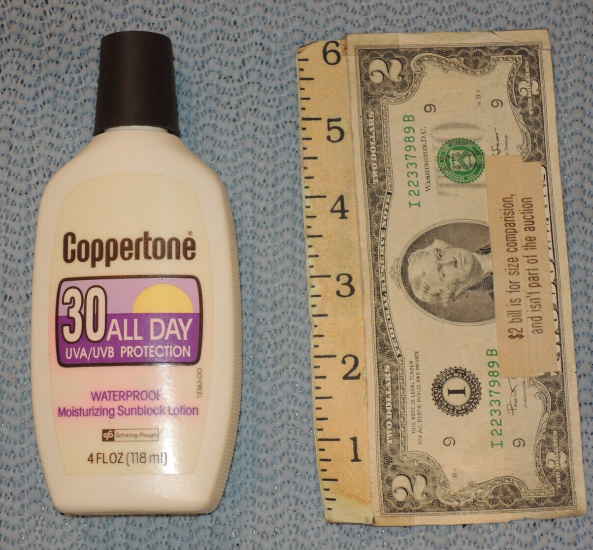 Vintage Coppertone Sunblock Lotion 30 ALL DAY. 4oz bottle. 3/4 Full. Movie prop.