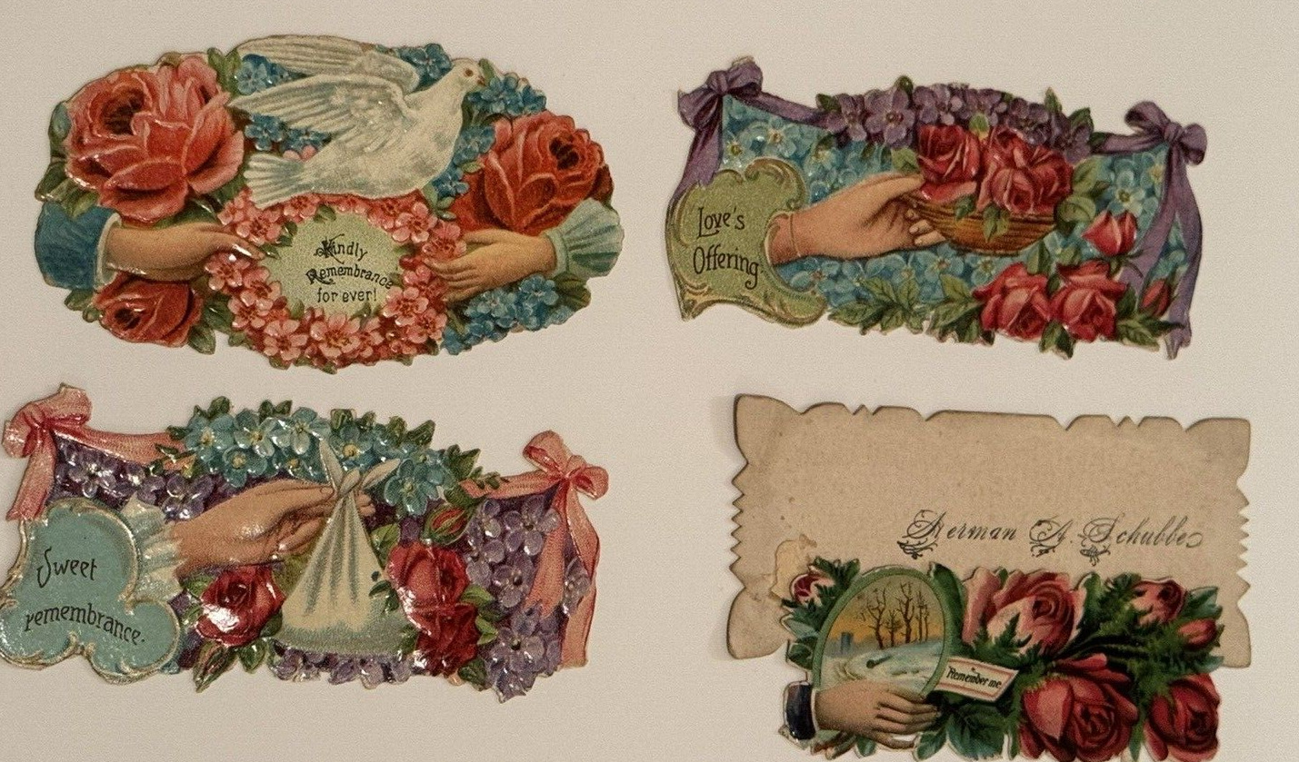 Antique Victorian Era calling cards embossed die cut Roses Love Offering
