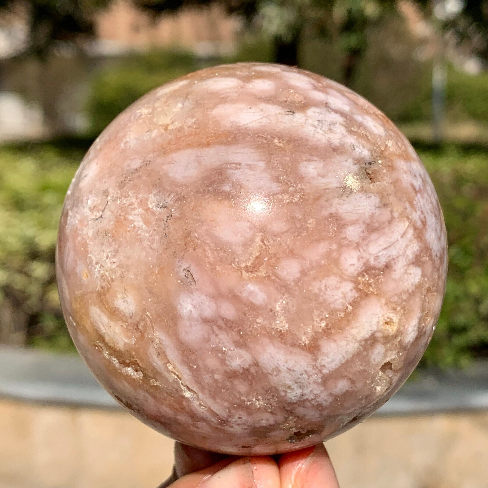 398G Natural pink cherry blossom agate geode Quartz ball carved Crystal sphere