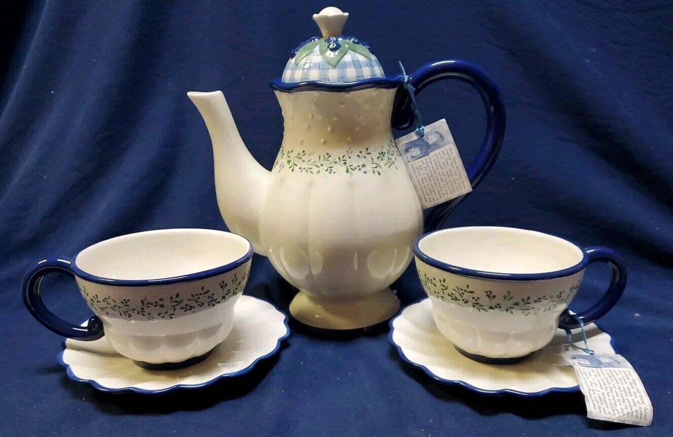 DEMDACO BLUEBERRY COTTAGE ,TEAPOT, 2 TEACUPS, &2 SAUCERS. NEW IN BOX.