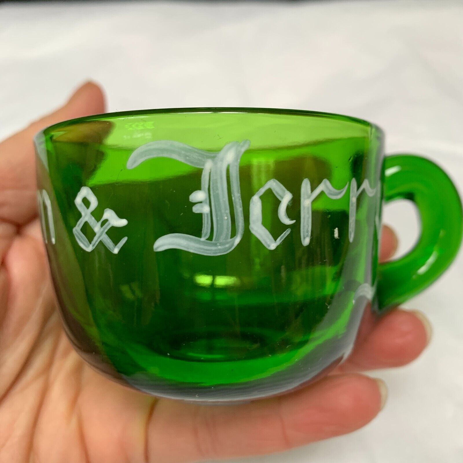 RARE 1 Tom & Jerry Emerald Green Glass Punch Cup Mug Mid Century Modern MCM VTG