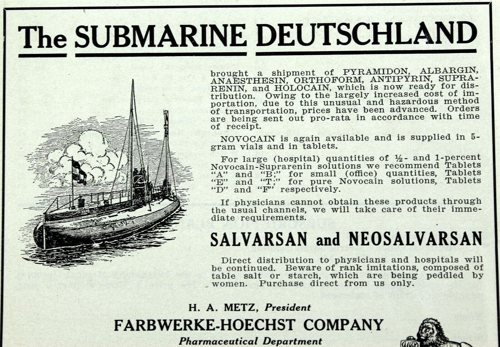 1917 THE SUBMARINE DEUTSCHLAND Advertising Original Vintage Antique Print Ad