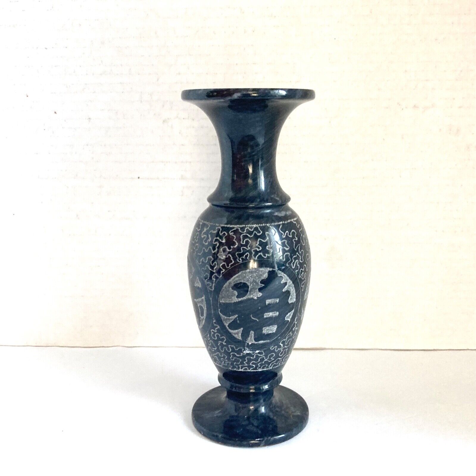 Vintage Black Marble Vase Etched Asian