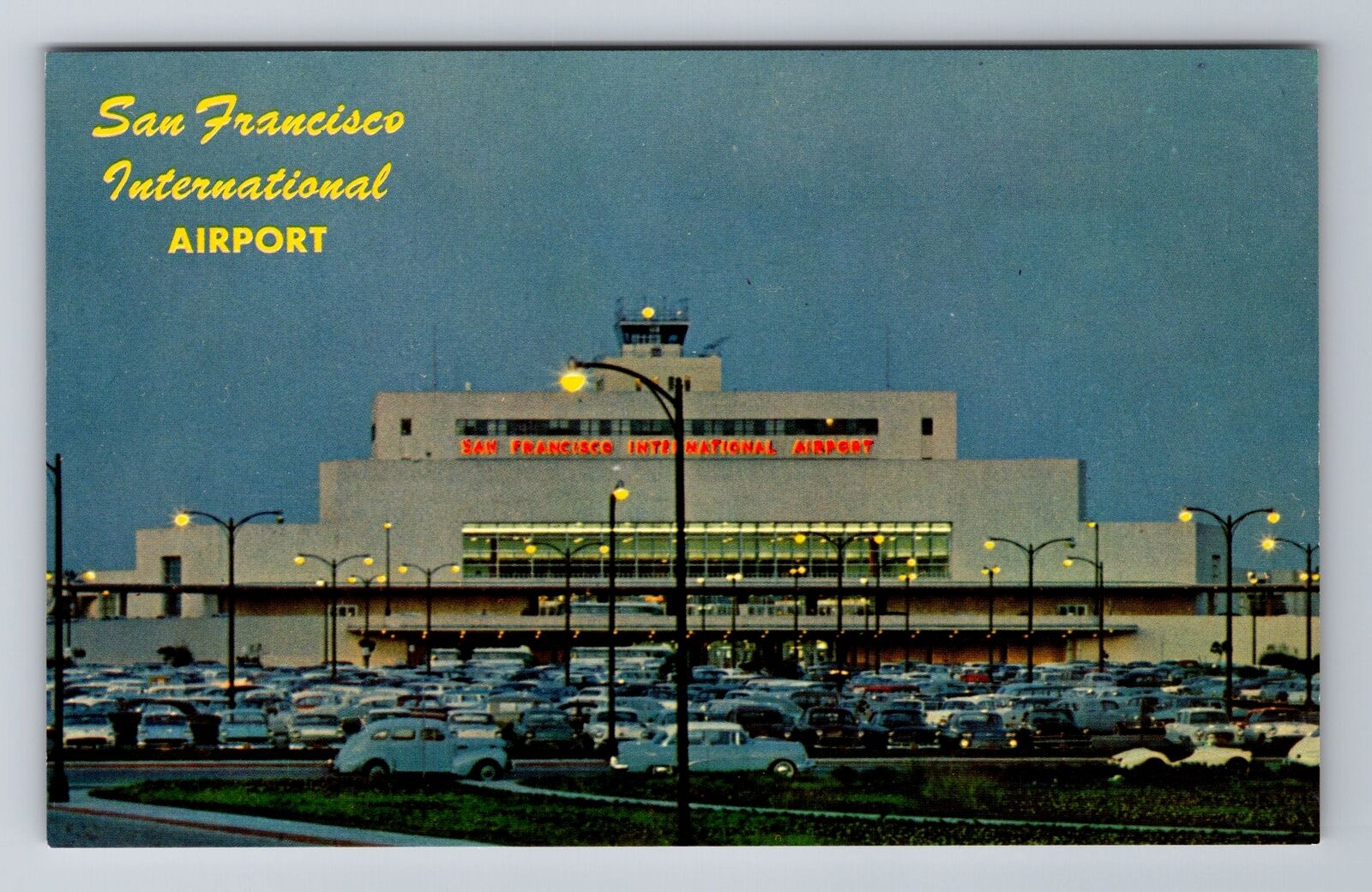 San Francisco CA-California, International Airport at Night, Vintage Postcard