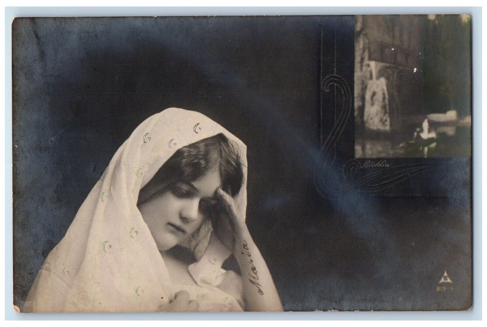 1906 Pretty Woman Sad White Scarf Latvia Russia RPPC Photo Antique Postcard