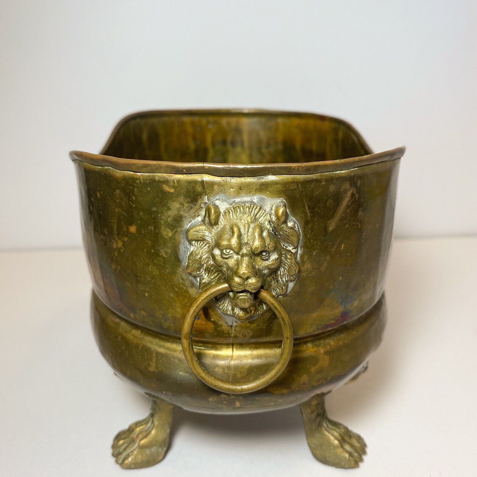 Brass Footed Lion Bowl Hammered Planter Vintage