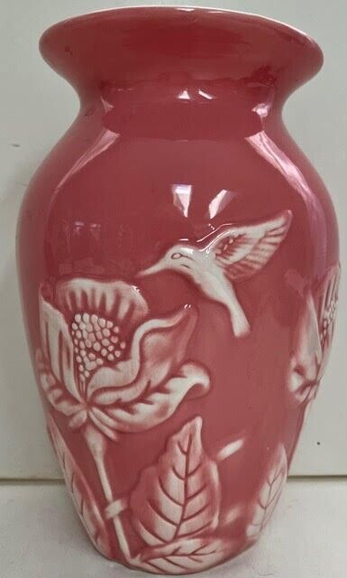 Vintage Teleflora Pink Ceramic Vase: A White Hummingbird & Flowers.