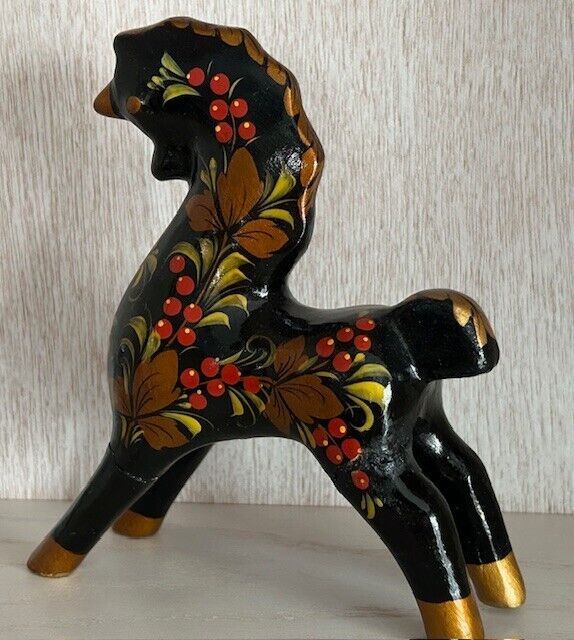 Lovely Vintage Russian Wooden Lacquer Painted Horse Figurine RARE 7 1/2\