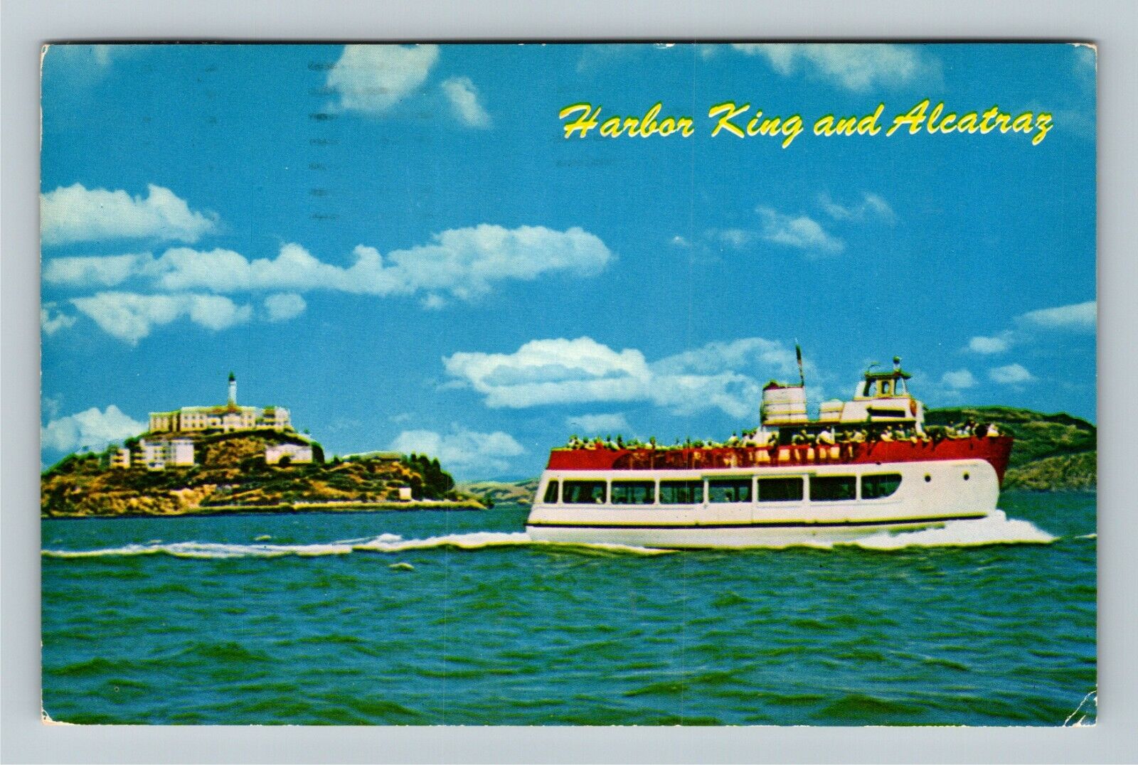 Harbor King Sightseeing Boat And Alcatraz Vintage Souvenir Postcard