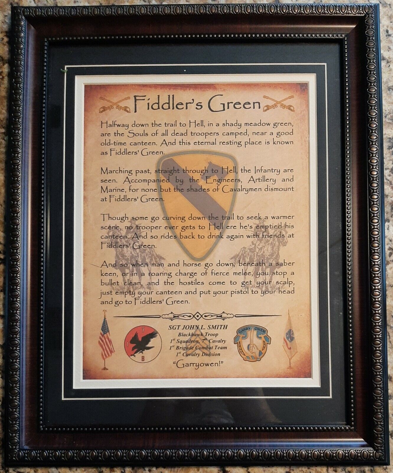 MC-BEST: Army Cavalry Fiddler\'s Green FRAMED MATTED PERSONALIZED 