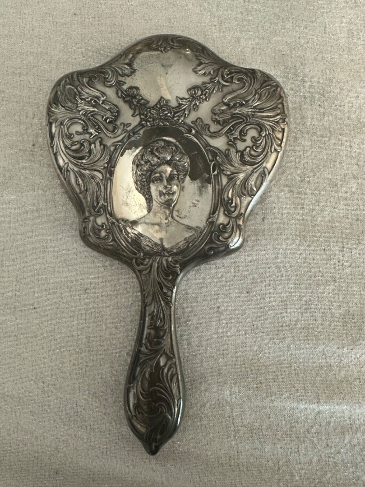 Antique Victorian Lady Woman 2 Dragons Silverplate Hand Mirror