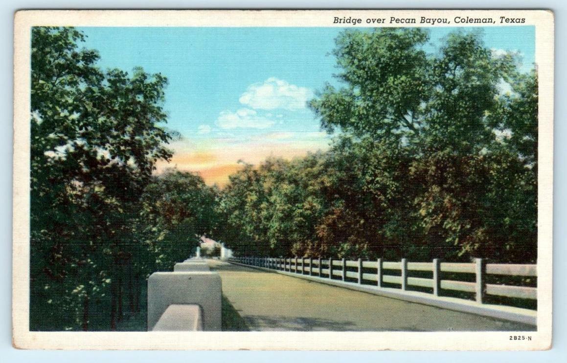 COLEMAN, Texas TX ~ Bridge over PECAN BAYOU c1940s Linen Street Scene Postcard