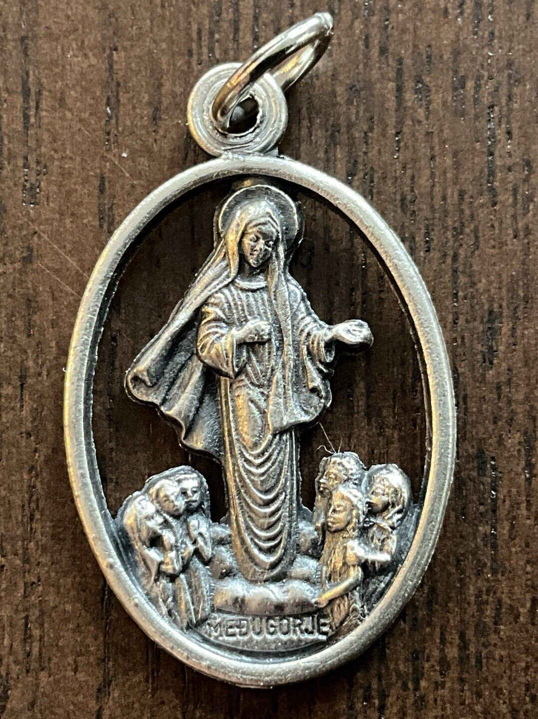 Virgin Mary Medugorje Pendant Blessed Mother Catholic Silver Tone Shiny Finish
