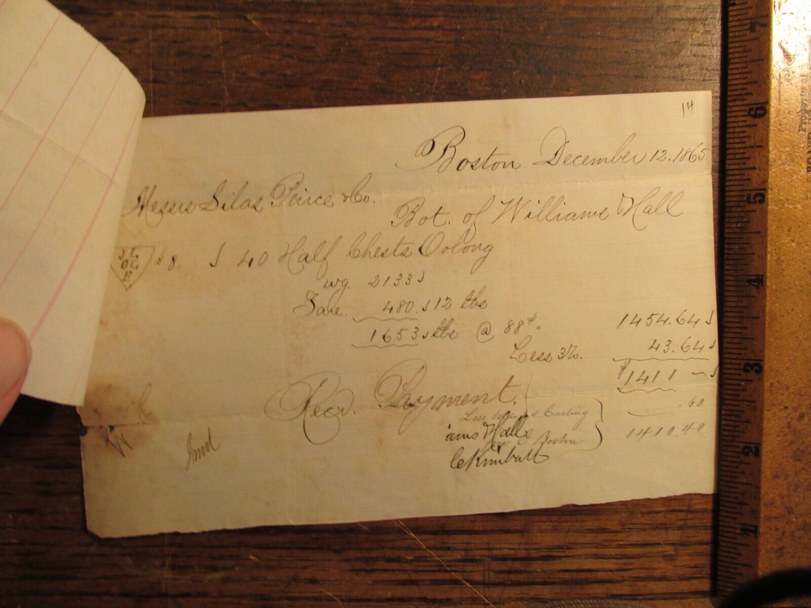 Antique Ephemera 1865 Receipt Document Silas Peirce Shipment Oolong Tea