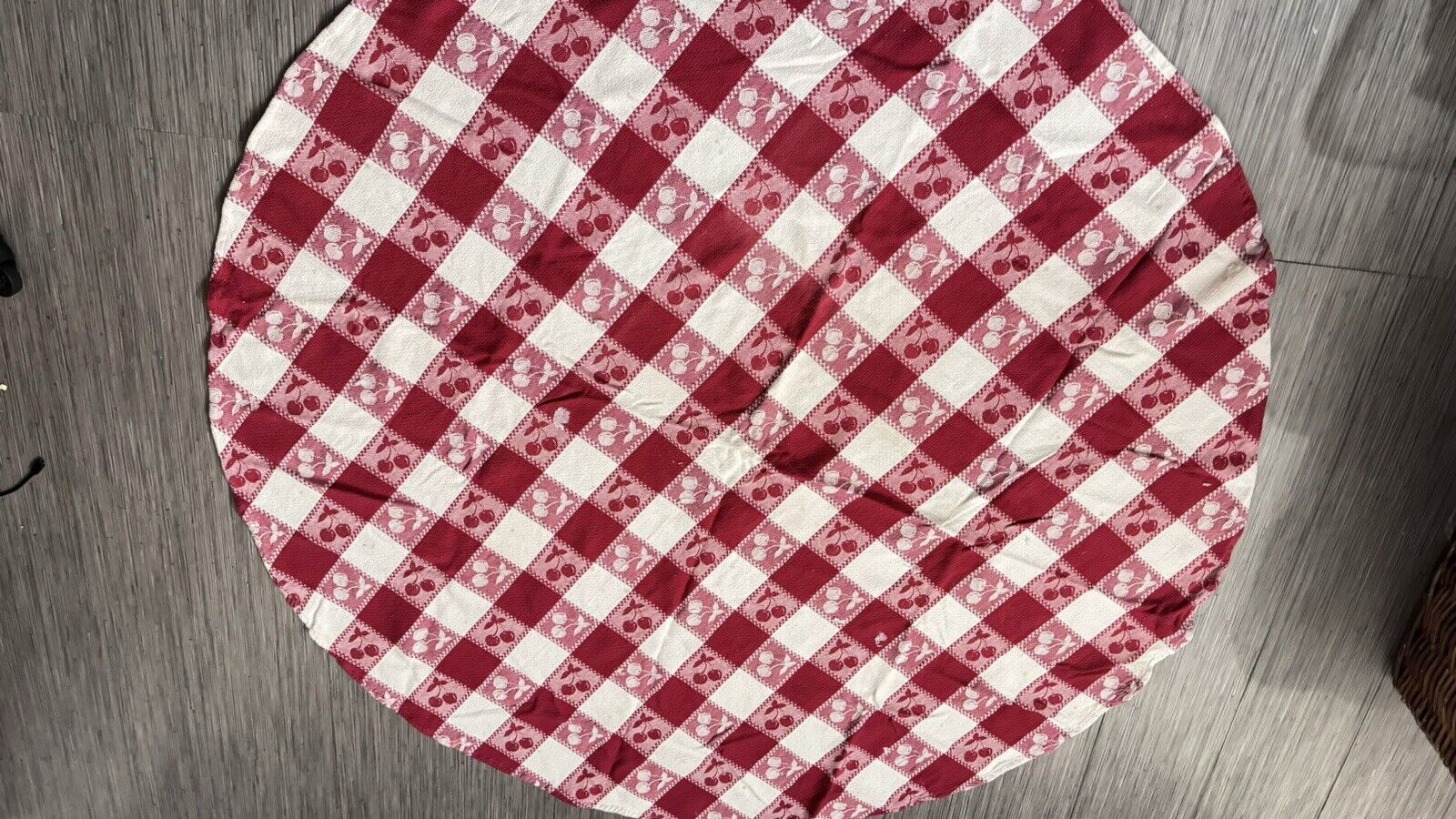 Vintage Cotton Cherry Gingham Red White Round Tablecloth 52”
