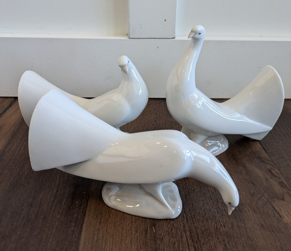 Nao Lladrò Spain Porcelain White Fantail Dove Pigeon Set of 3 Lot Figurines