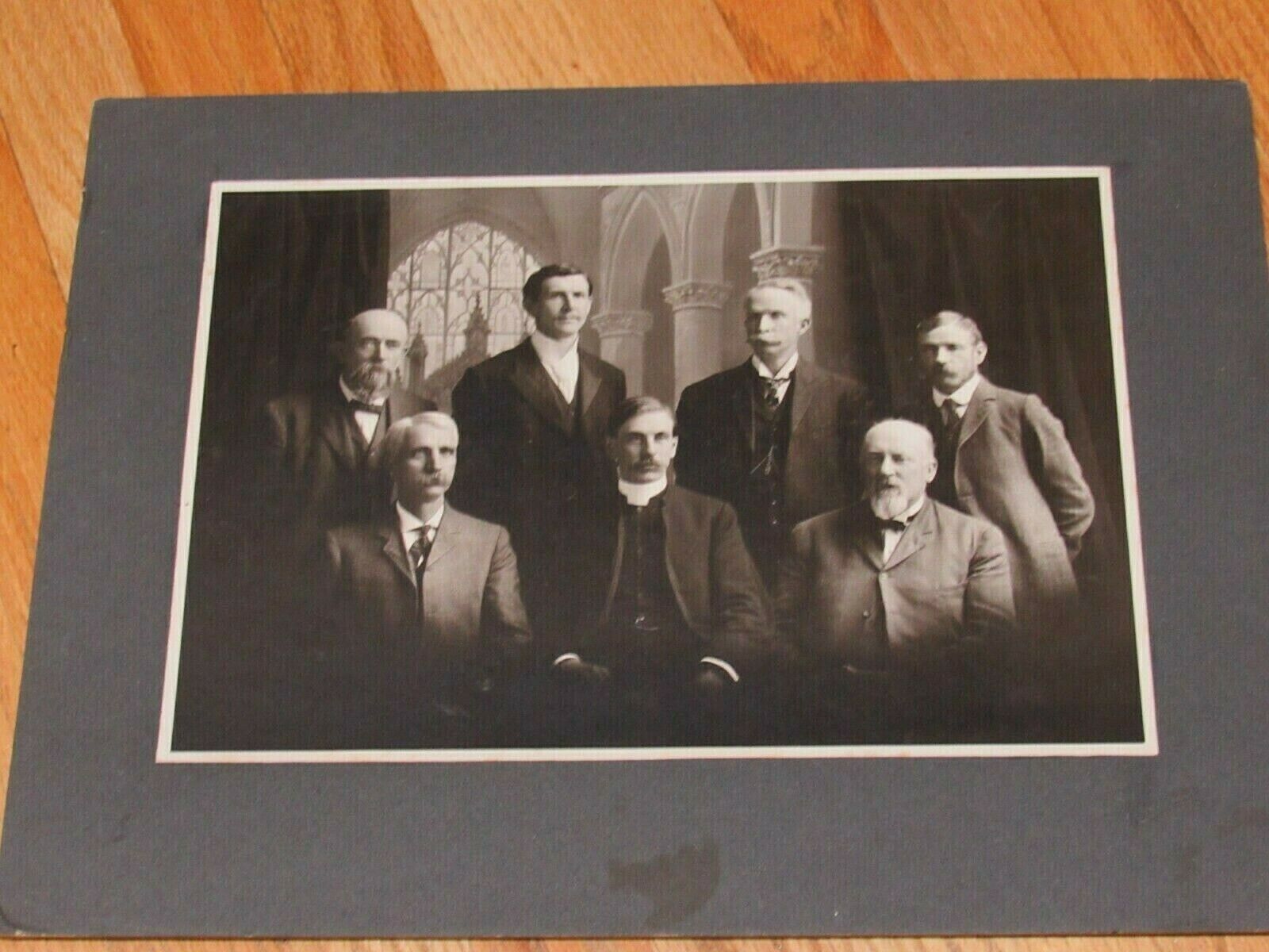 Antique Large Portrait Cabinet Photo 7 Men 1 is Minister In Church 