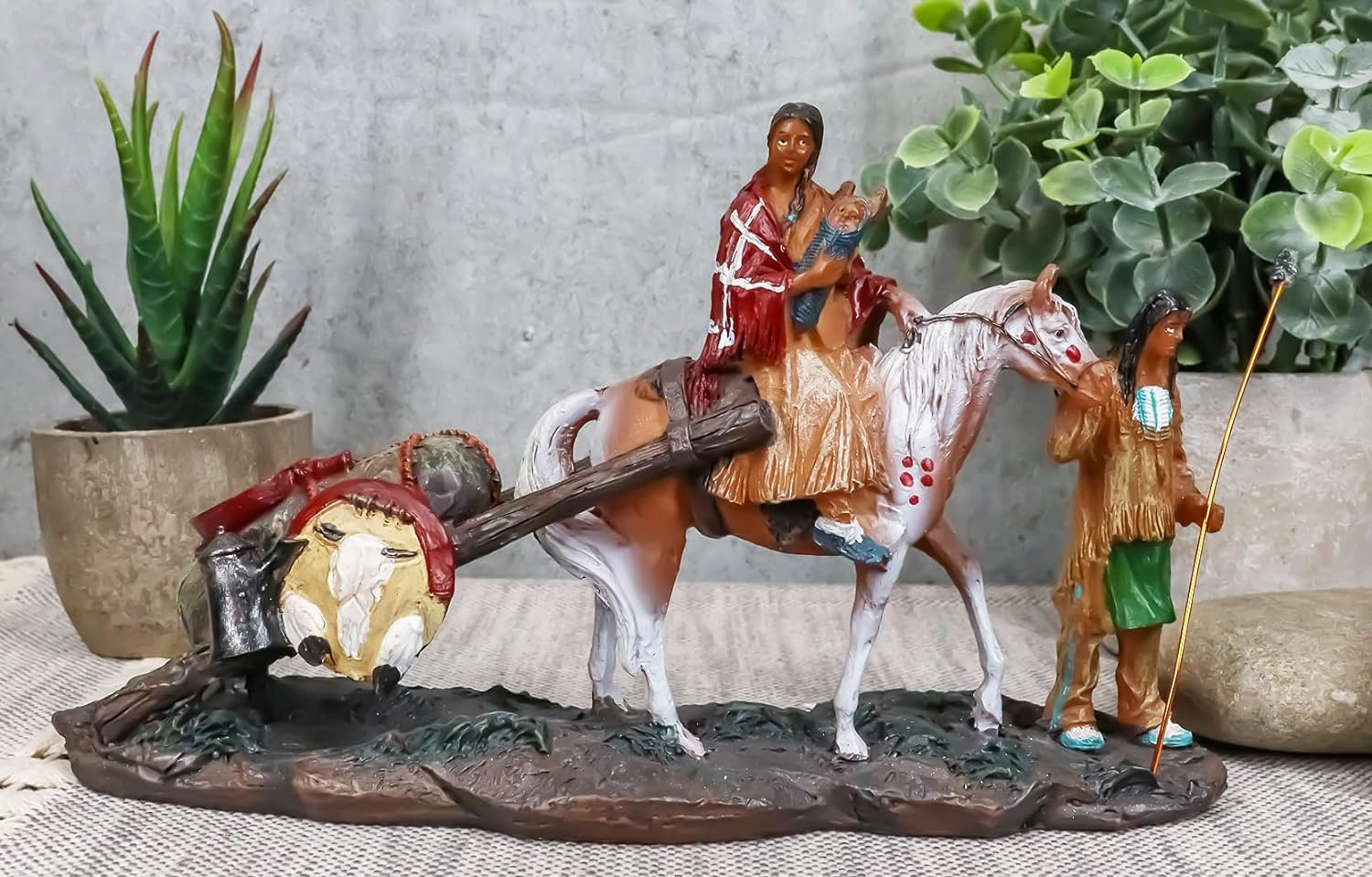 Ebros Native American Indian Aborigine Family Unit Pilgrimage on Horse Figurine 