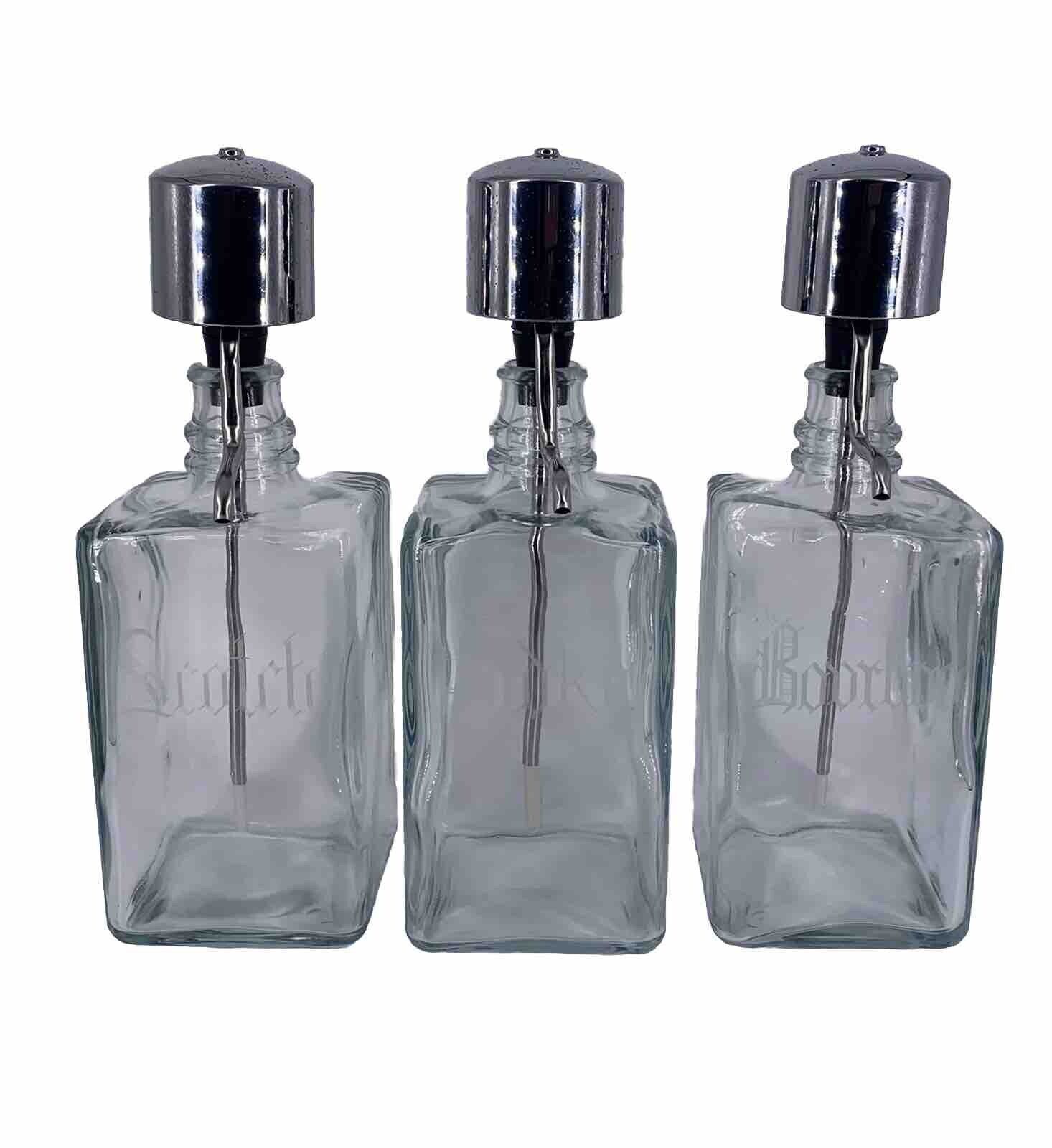 MCM Barware Liquor Dispensers, etched Glass with Chrome Pump 3 Crystal Canisters