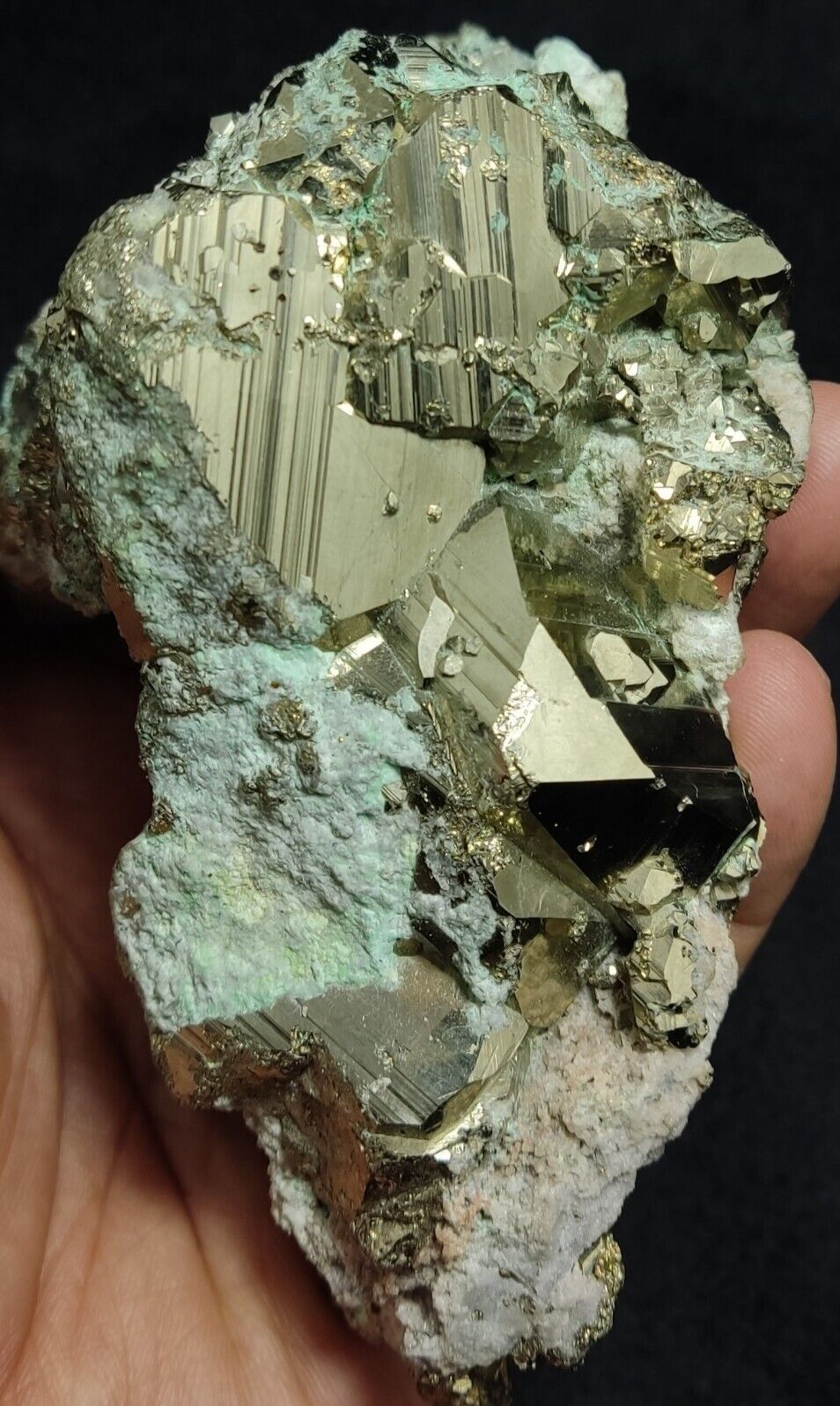 Natural aesthetic specimen of pyrite with chrysocolla/copper 857 grams