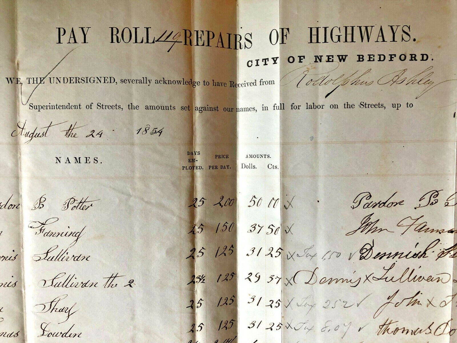 NEW BEDFORD MA 1854 HIGHWAY REPAIR Pay Roll Broadside signed Rodolphus R Ashley