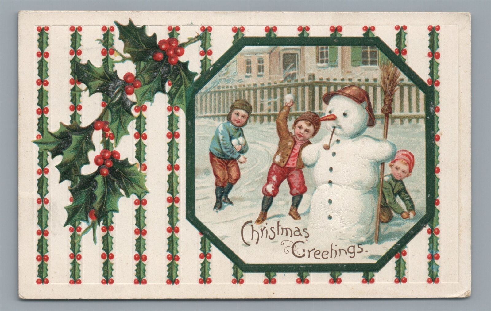 Christmas Greetings Snowball Fight SNOWMAN Vintage Postcard