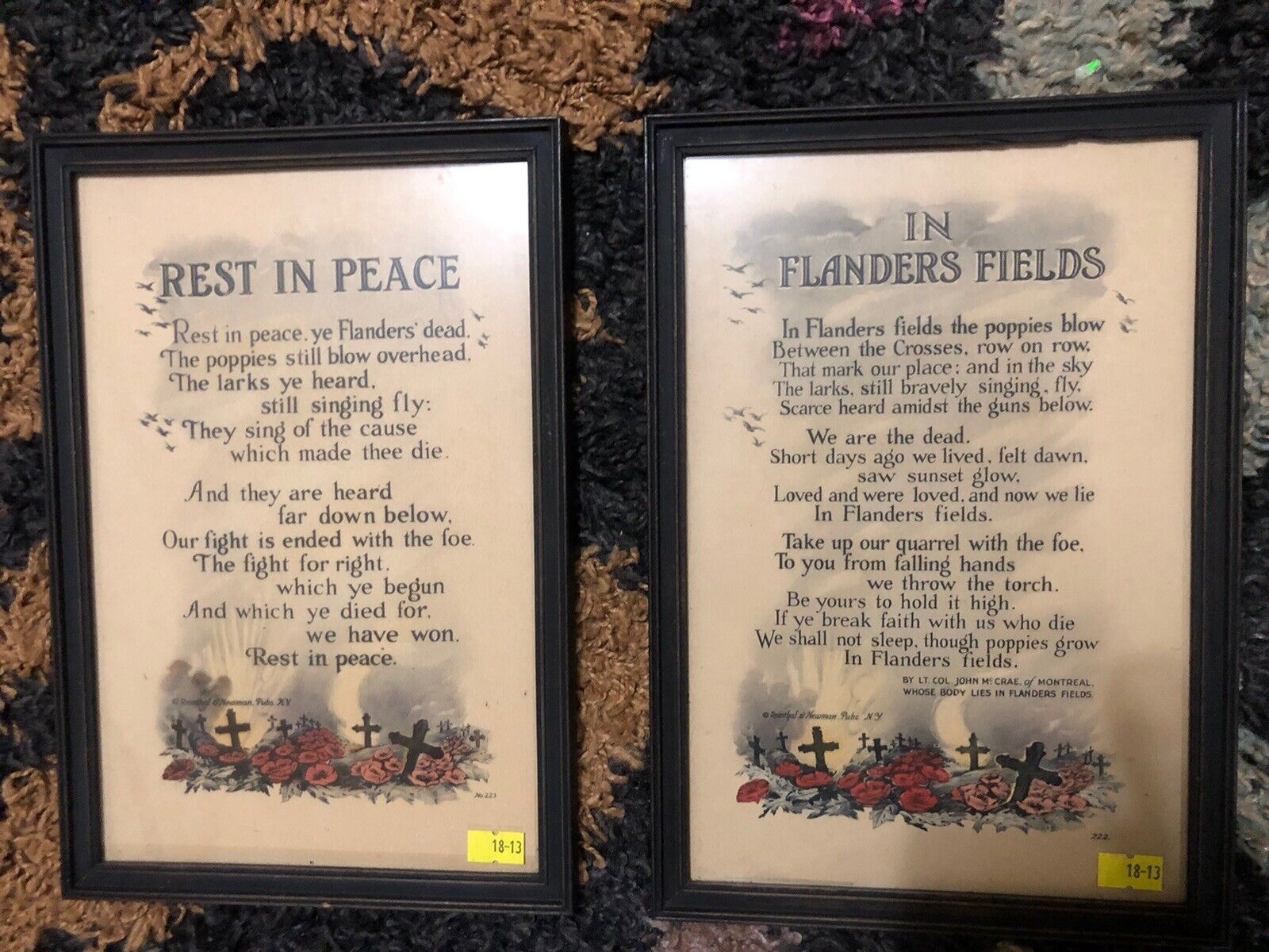 2 Antique Rest in Peace And In Flanders Fields Framed Calligraphy  Poem WWI