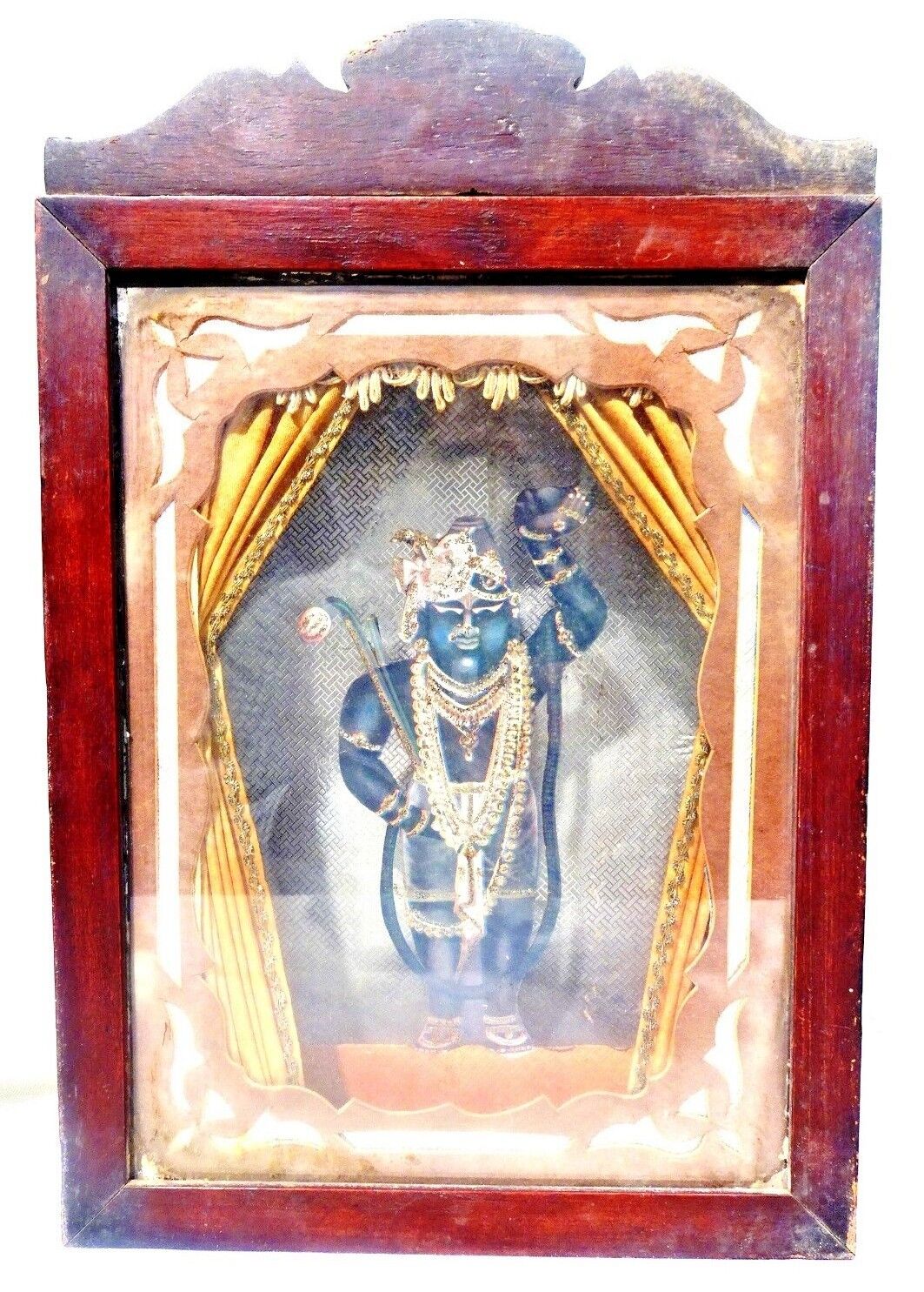 Vintage Litho Print In Box Frame Shreenathji Cut Out On Hardboard Hindu Mytholog