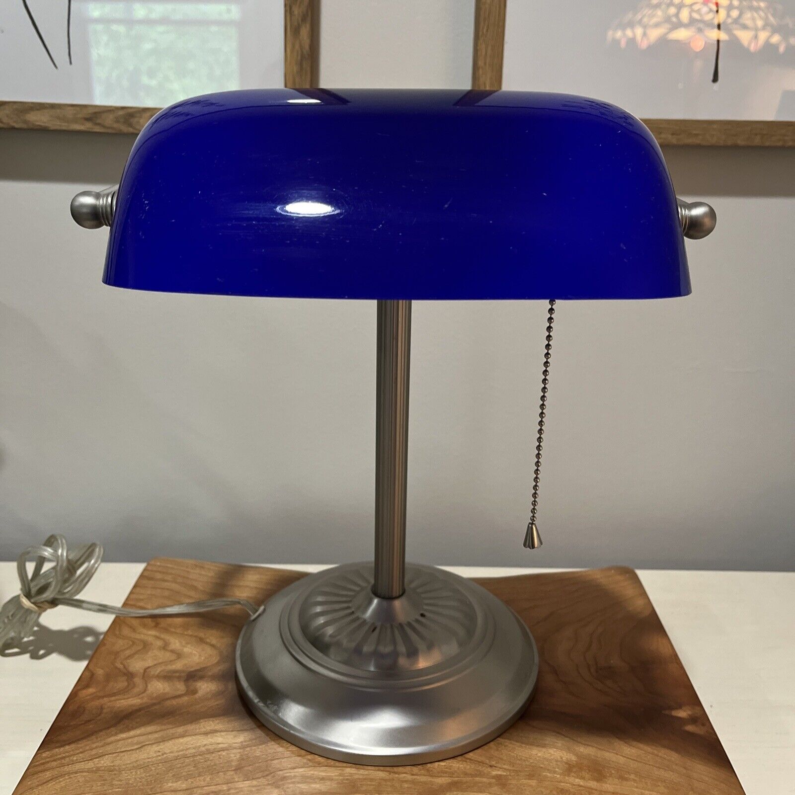 Lamp Vintage Banker’s Cobalt Blue Glass Silver Pedestal