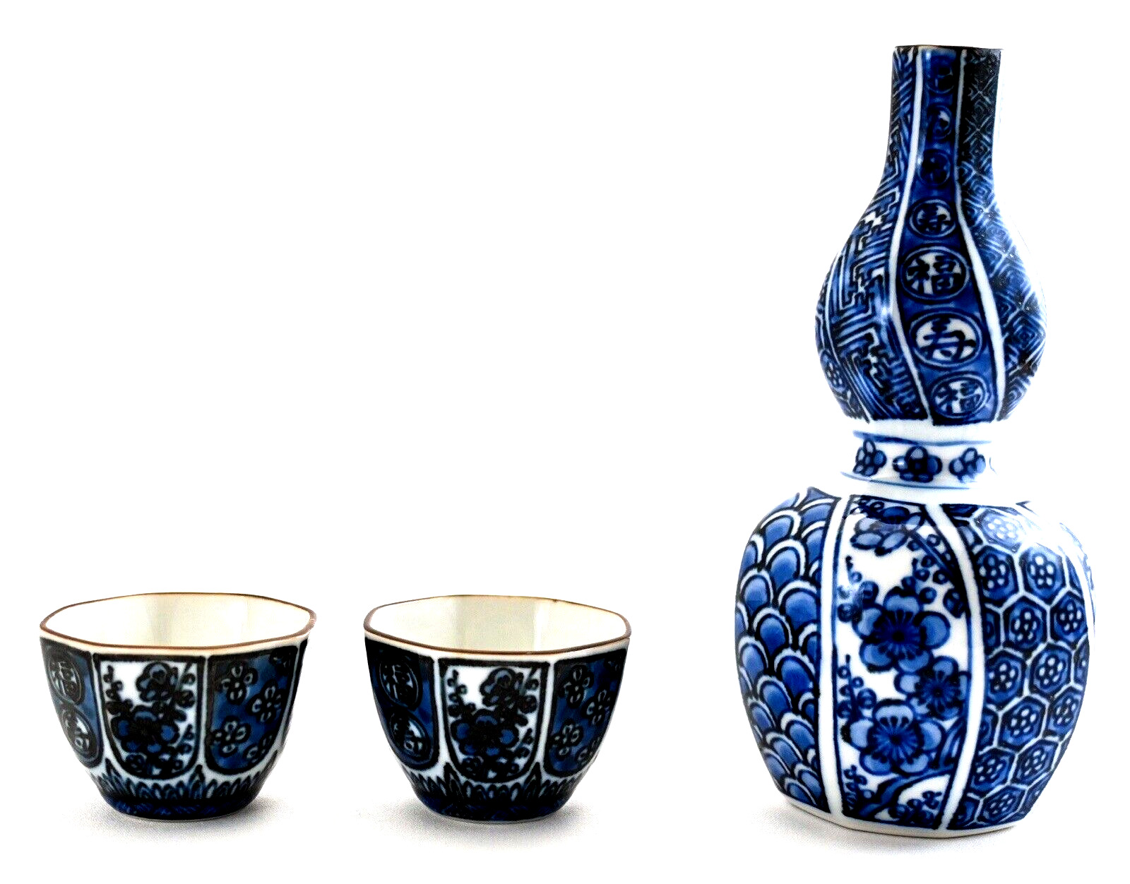 VTG Japanese Porcelain SAKE SET Bottle Cup Blue White Plum Bamboo Seto ware