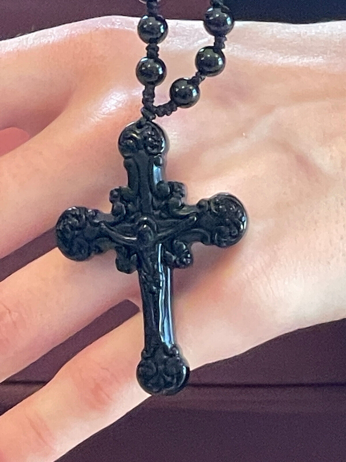 Black Onyx Rosary Necklace Gemstone Rosary necklace Large Gemstone Cross 25\
