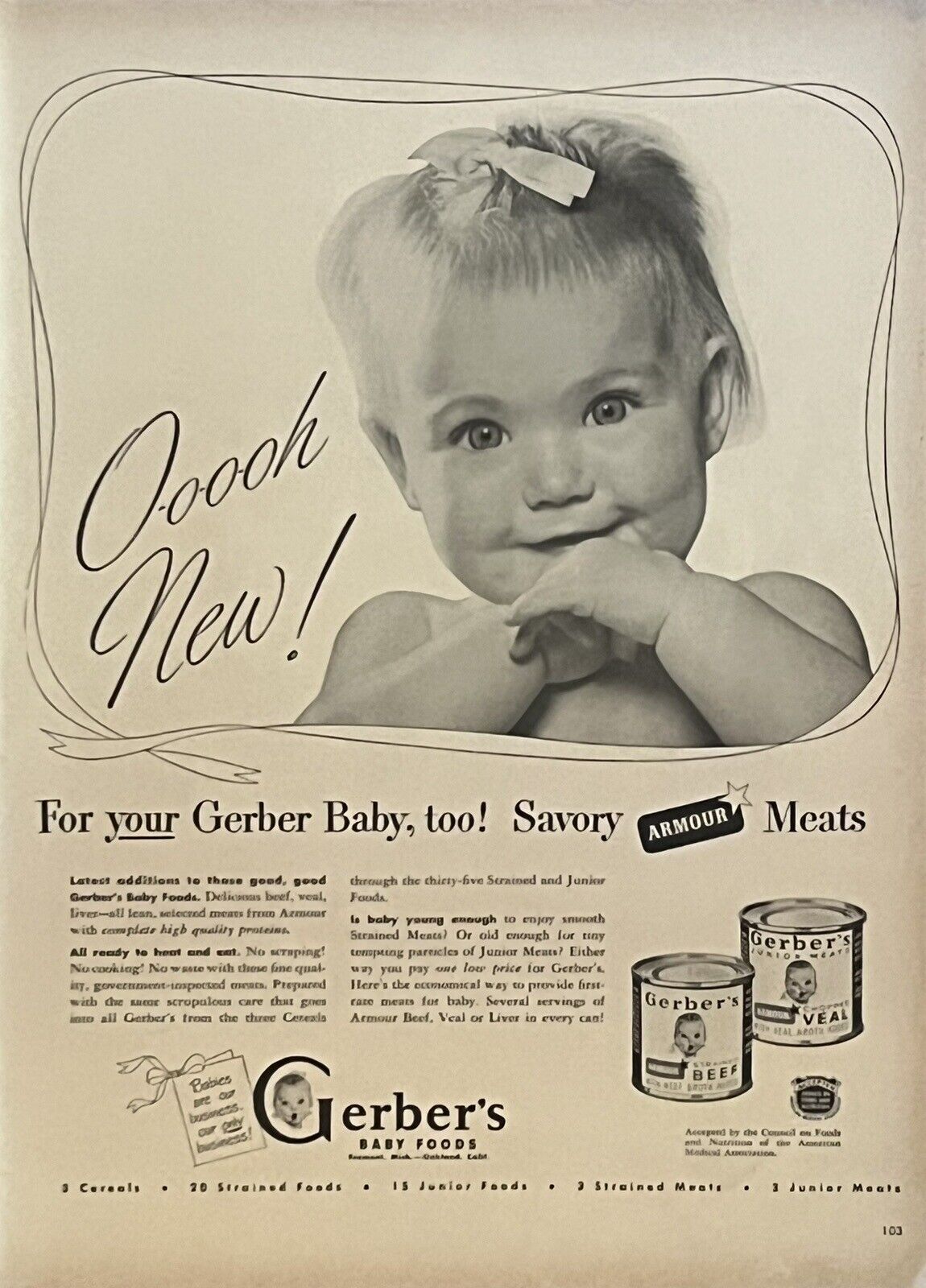 1948 Vtg Print Ad Gerber Baby Food Armour Meats Retro Kitchen Home Art MCM