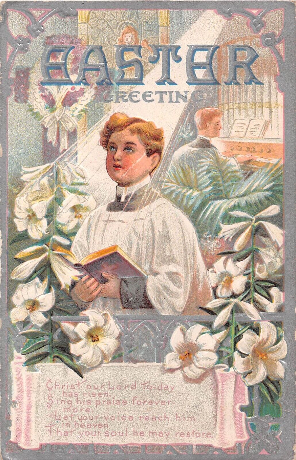 1909 Easter Postcard of Organist Playing As Choir Boy Sings by Lilies-Lily Serie