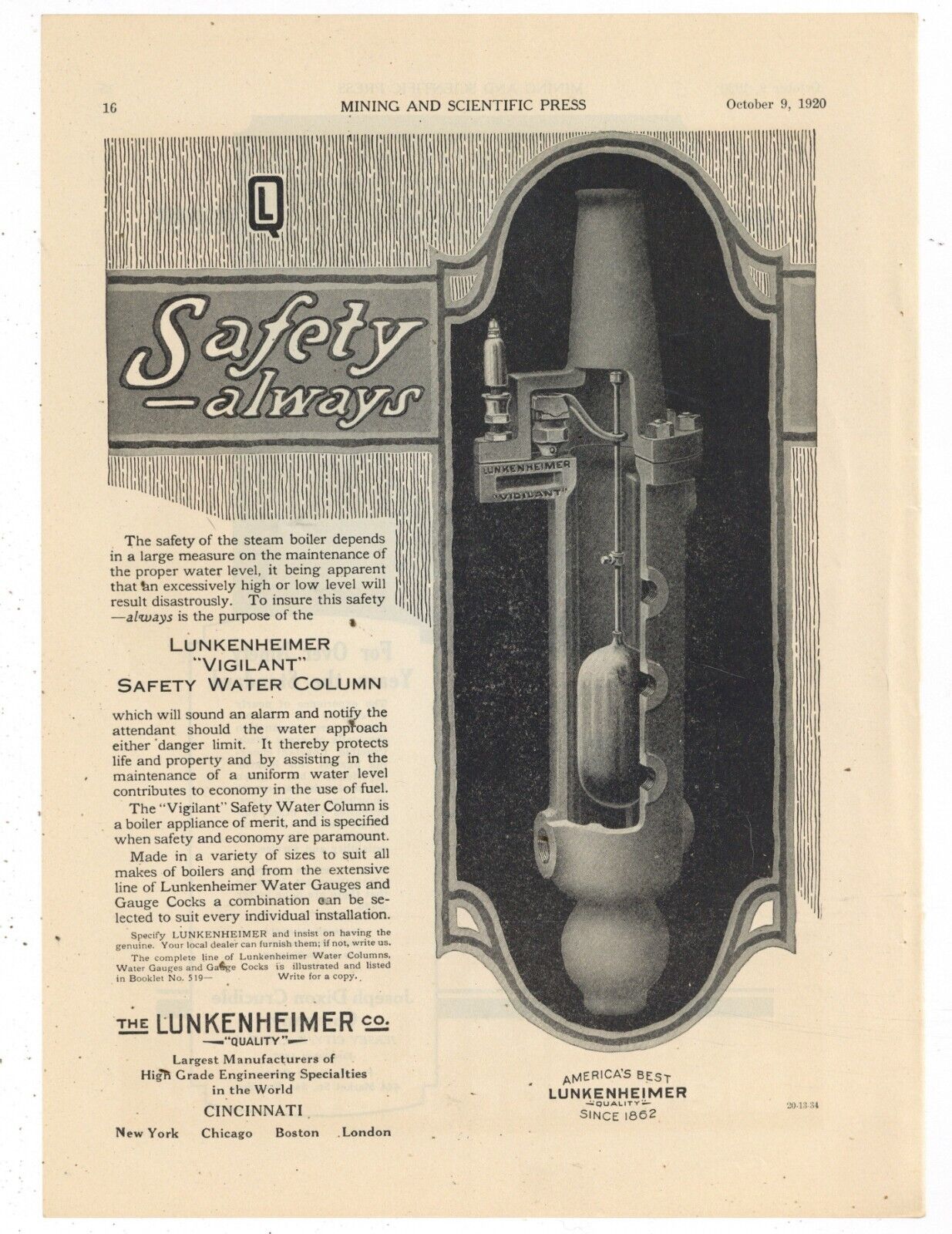 1920 Lunkenheimer Co. Ad: Safety Water Column for Steam Boilers - Cincinnati