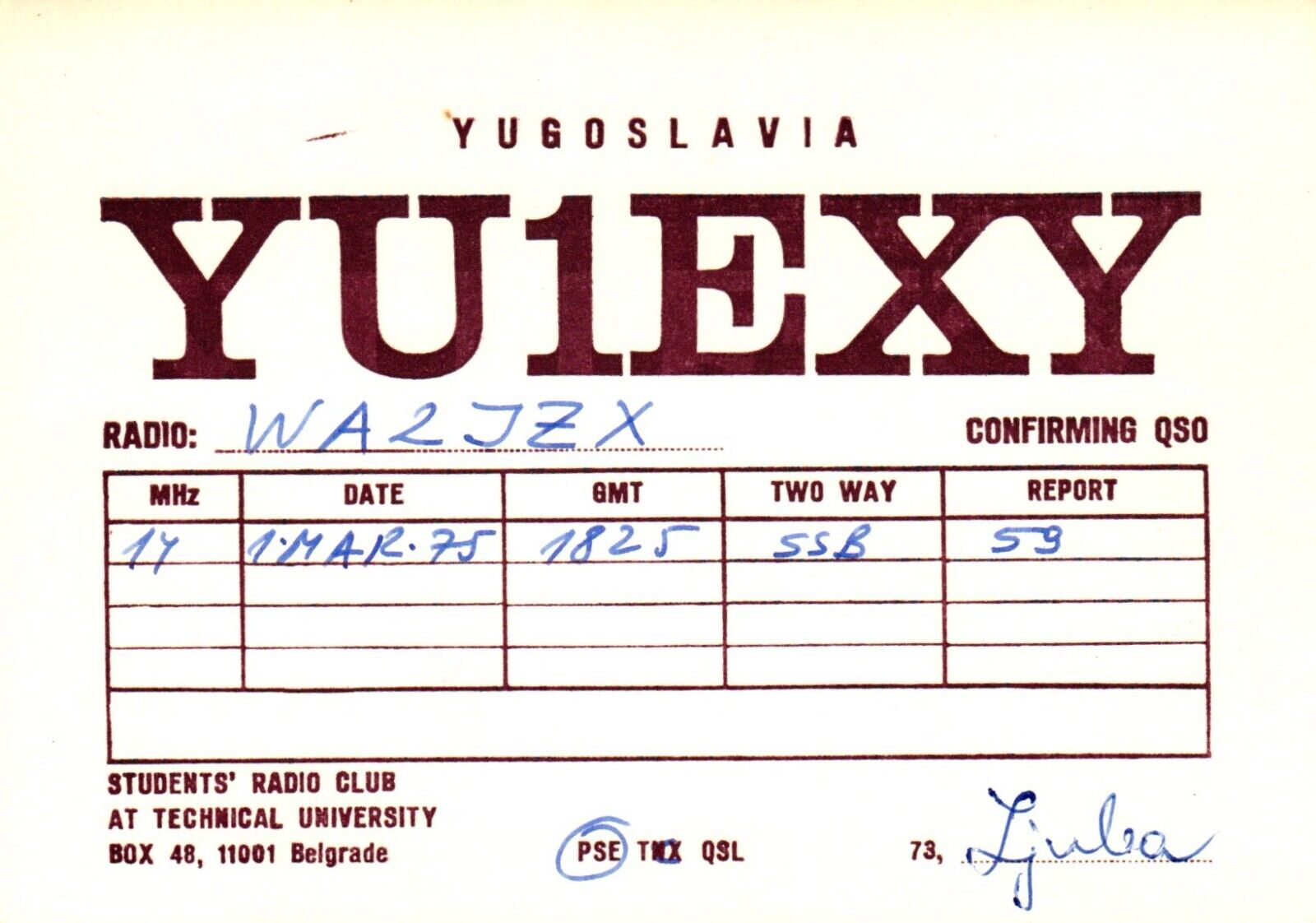 Belgrade Yugoslavia YU1EXY QSL Radio Card Postcard